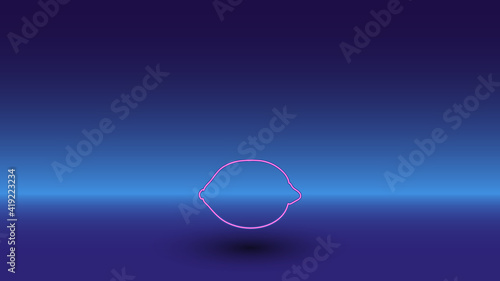 Neon lemon symbol on a gradient blue background. The isolated symbol is located in the bottom center. Gradient blue with light blue skyline