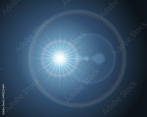 Flash star blue flare in camera lens vector illustration. Bright abstract light explosion with rays of prominences diverging sides. photo