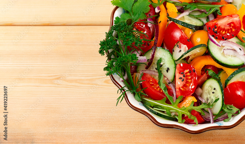 Fresh vegetable salad, on a wooden table, top view, horizontal, no people, Fresh vegetable salad, on a wooden table, top view, horizontal, no people,