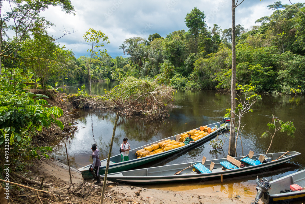 Obraz premium Boat delivery in the Cuyabeno Natural Reserve, Amazon Rainforest, Ecuador
