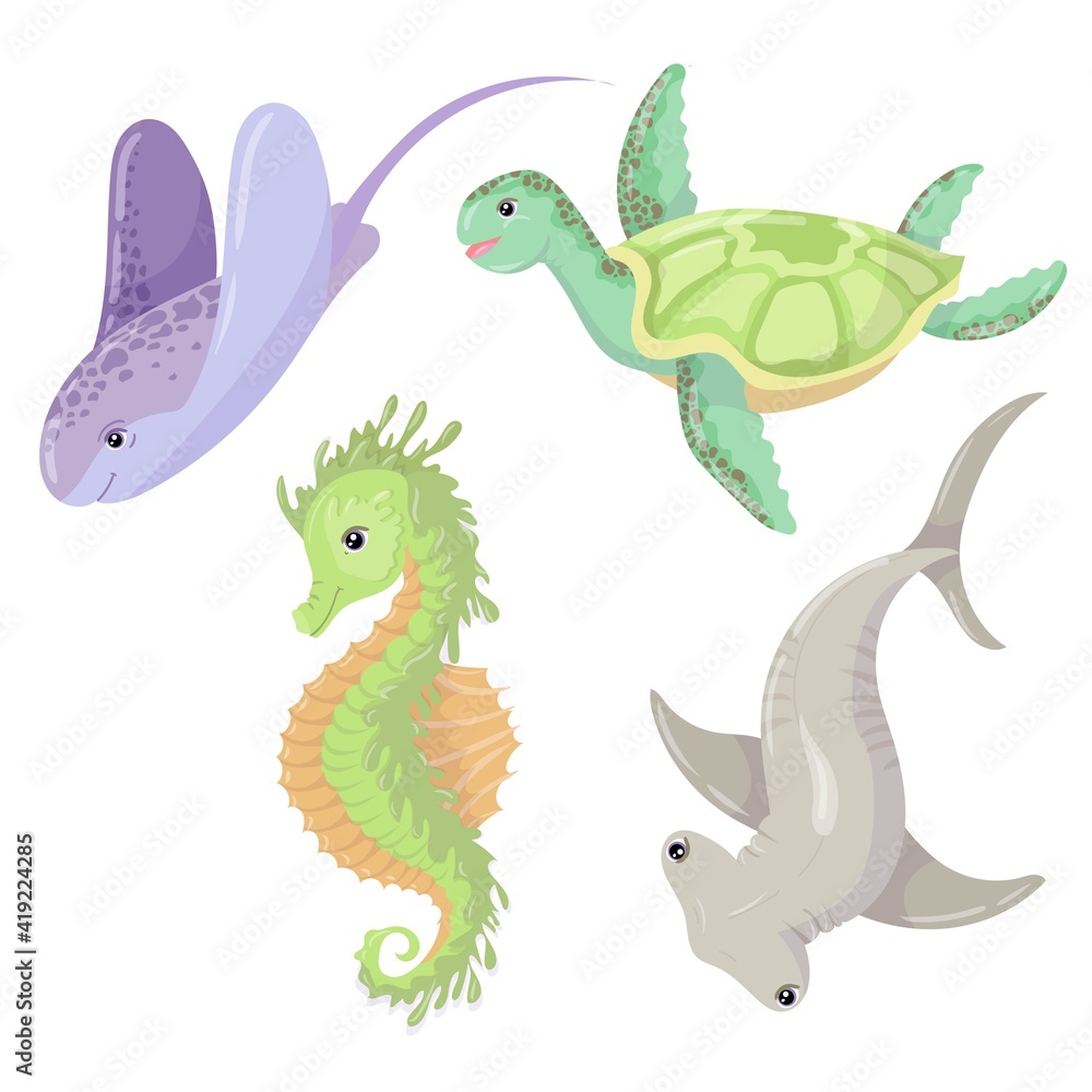Obraz premium Set of Marine Animals. Electric stingray, sea turtle, hammerhead shark and seahorse. Freehand coloring book. Vector illustration isolated on white background