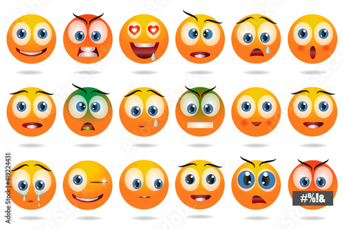 Emoji set. Emoji sticker pack. Human emotions: happy, angry, enamored, surprised, sad, embarrassed, sick, irritated. Funny faces. Yellow round character.