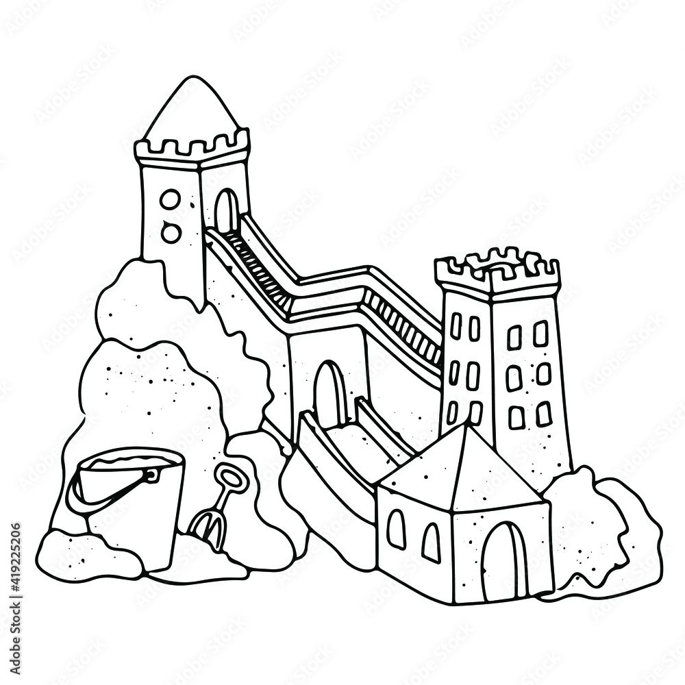Sand castle Vector illustration isolated on white background. Simple illustration for coloring book