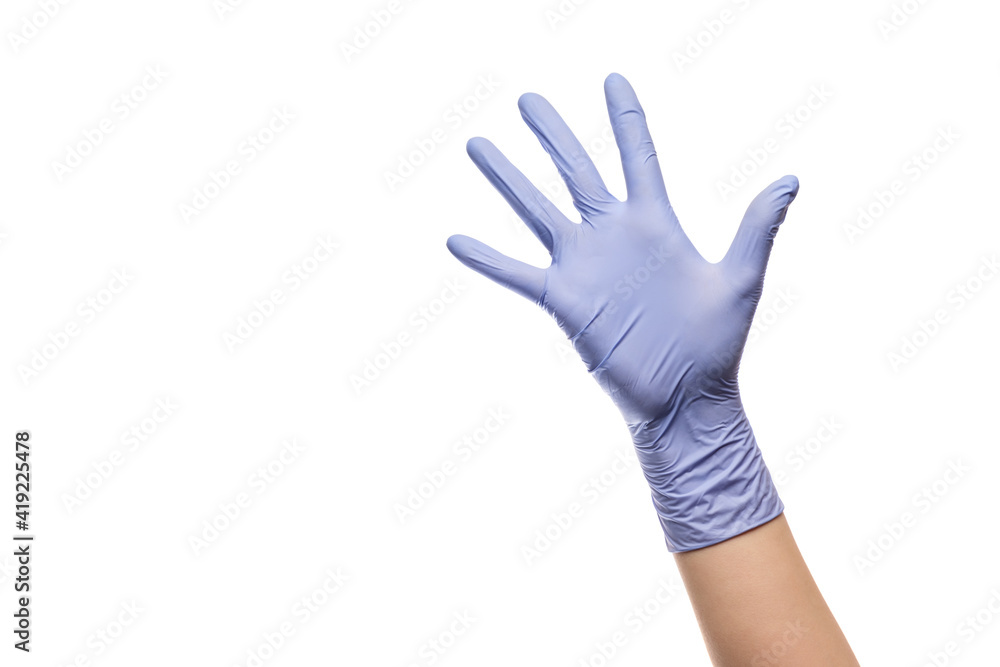Gesture number five hand with latex glove on white isolated background.
