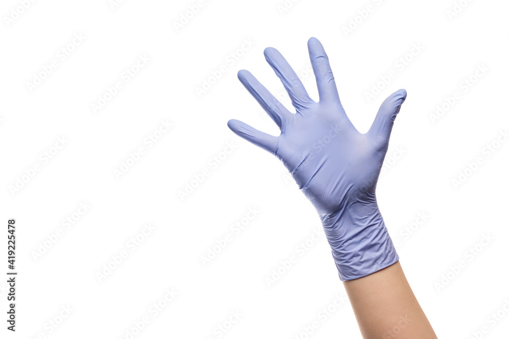 Gesture number five hand with latex glove on white isolated background. Gesture number five hand with latex glove on white isolated background.