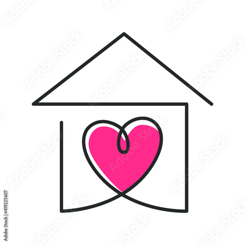 Continuous one line drawing of red heart inside house, meaning care and love in family.  Vector illustration