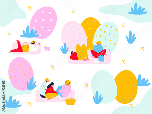 Happy family celebrate Easter, smiling and having fun at blooming meadow. Abstract flat vector illustration. Egg hunt. Easter concept. Cartoon men and women outdoor activities on a park. 