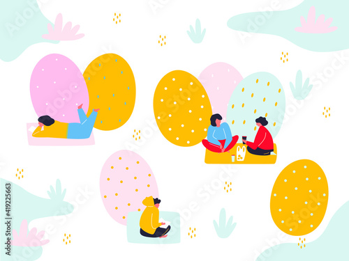 Happy family celebrate Easter, smiling and having fun at blooming meadow. Vector abstract illustration. Egg hunt. Easter concept. Cartoon men and women outdoor activities on a park. 