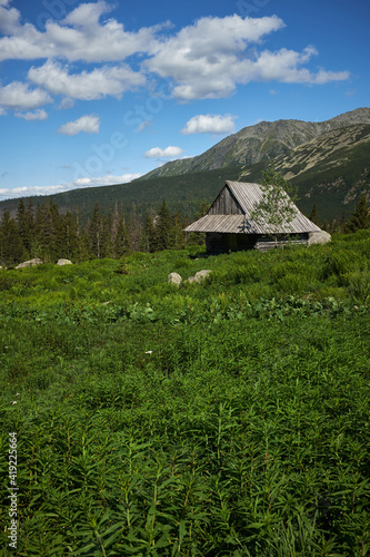 Scenic panoramic view of mountains landscape with mountain houses