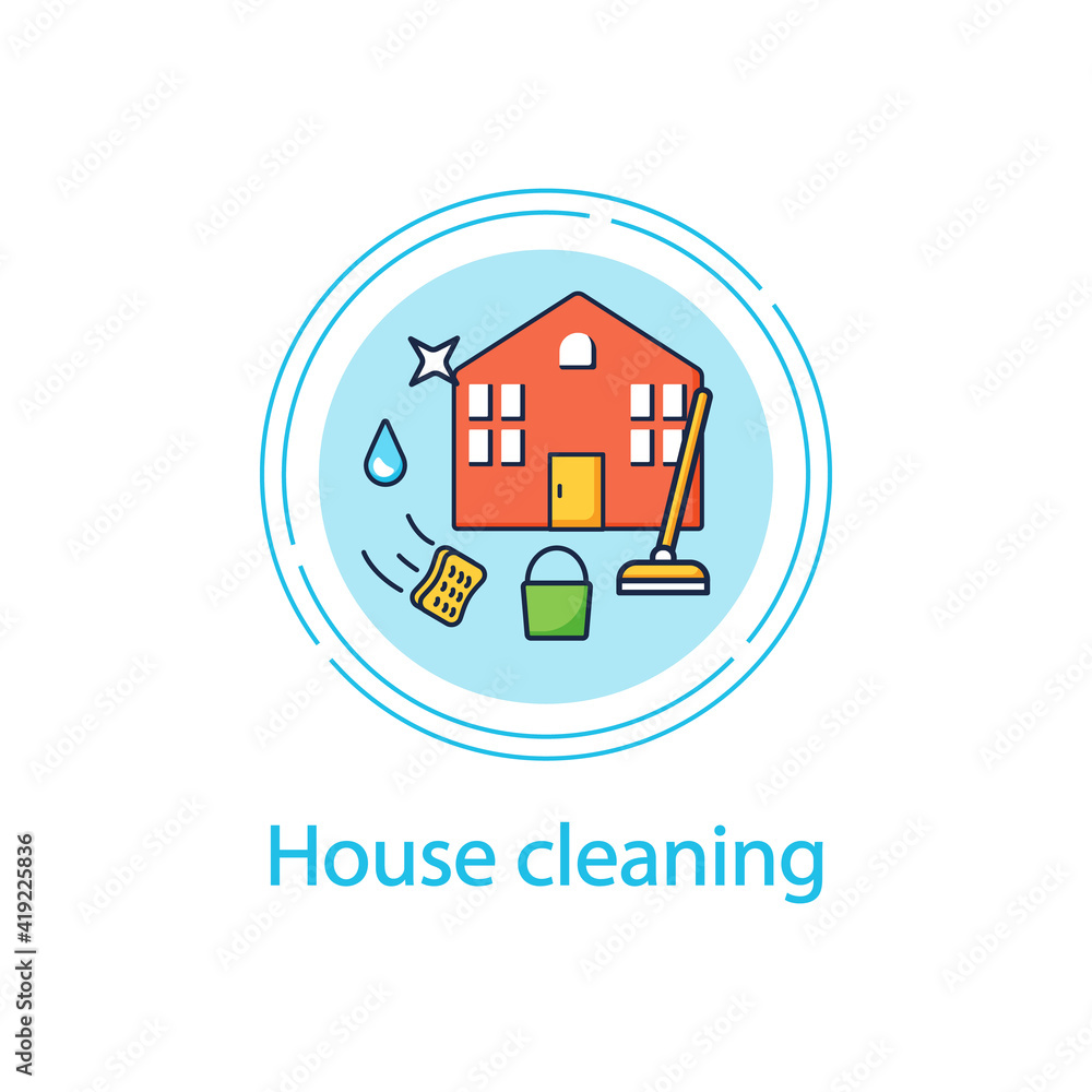 Fototapeta premium House cleaning concept line icon. Householding things. Bucket and broom inside house. Floor cleaning. Cleaning concept.Vector isolated conception metaphor illustration