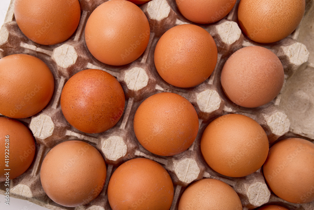 Overhead view of free range chicken eggs in tray Overhead view of free range chicken eggs in tray