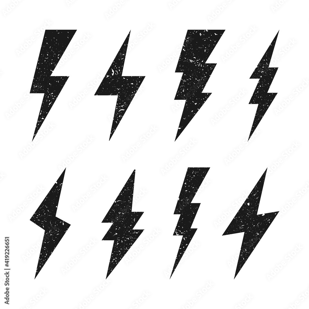 Lightning bolt icons with grunge texture isolated on white background ...