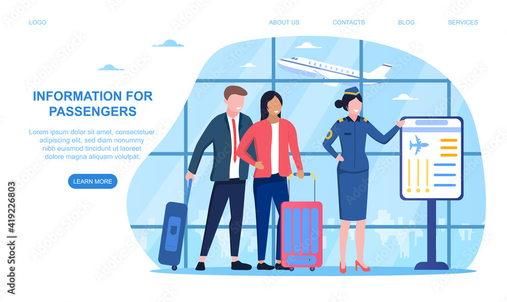 Female character is working at the airport and giving information to passengers. Flight attendant helps passenger in journey. Website, web page, landing page template. Flat cartoon vector illustration Female character is working at the airport and giving information to passengers. Flight attendant helps passenger in journey. Website, web page, landing page template. Flat cartoon vector illustration