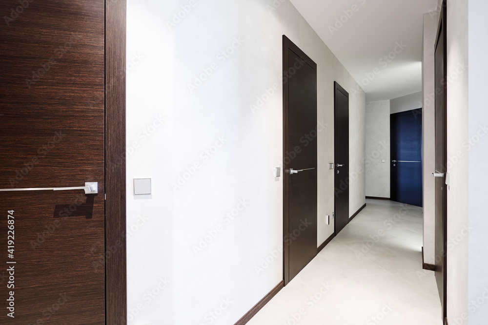 Corridor in the hallway with doors finished with dark veneer Corridor in the hallway with doors finished with dark veneer