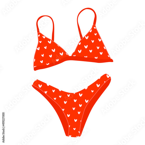 Flat vector cartoon illustration of a stylish women's bikini swimsuit in orange color and with a pattern in the form of hearts. Top and bottom of the swimsuit. Isolated design on a white background.