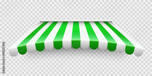 Green shop sunshade on transparent background. Realistic striped cafe awning. Outdoor market tent. Roof canopy. Summer street store. Vector illustration.