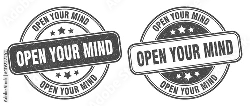 open your mind stamp. open your mind label. round grunge sign