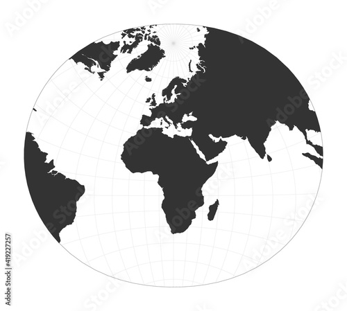 Map of the world. Modified stereographic projection for Europe and Africa. Globe with latitude and longitude net. World map on meridians and parallels background. Vector illustration.