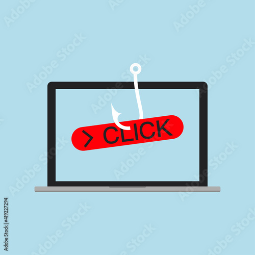 Clickbait. Laptop with fishing hook and the button on the screen Click. Vector illustration.