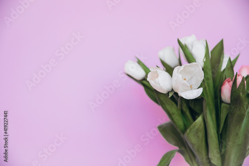 Profile side photo of cute sweet lady girl hold tulips bunch present she get on 8-march 14-february from her boyfriend wear style tank-top isolated © ALEXSTUDIO