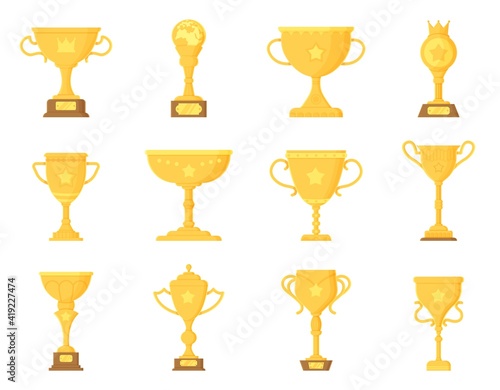 Sport winner trophy elements set. Golden prize. Championship cup, triumph goblet concept.