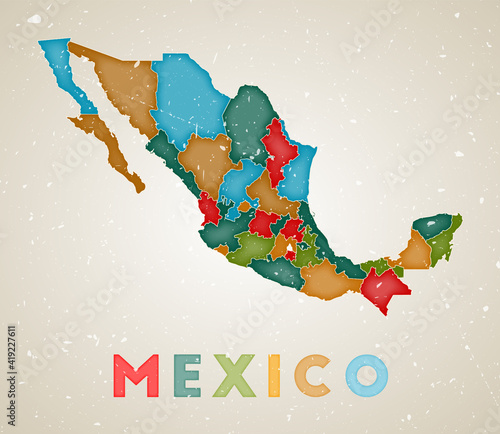 Mexico map. Country poster with colored regions. Old grunge texture. Vector illustration of Mexico with country name.