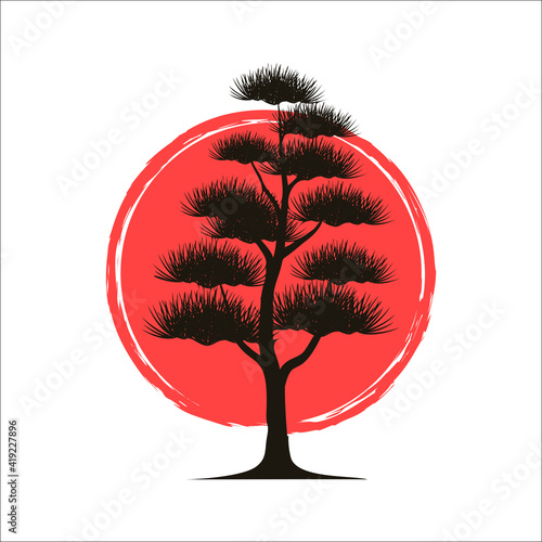 Vector illustration of a decorative niwaki bonsai tree on a white background. Garden bonsai niwaki with green pine thorns on a pine. Decorative trimming and pruning of trees and shrubs