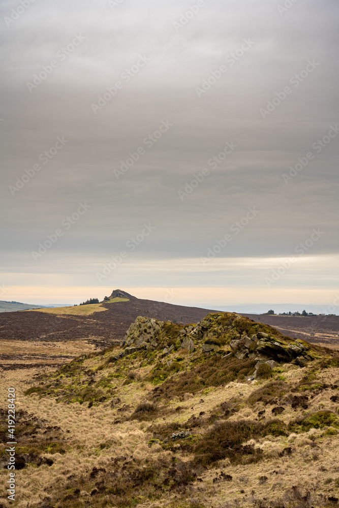 Bleak winter panoramic view of Baldstone, and Gib Torr in the Peak District National Park.