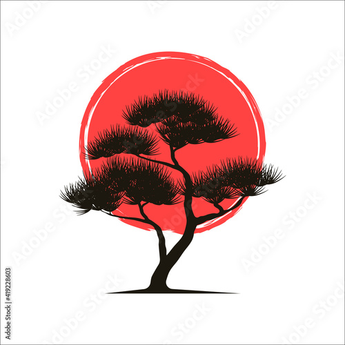Vector illustration of a decorative niwaki bonsai tree on a white background. Garden bonsai niwaki with green pine thorns on a pine. Decorative trimming and pruning of trees and shrubs