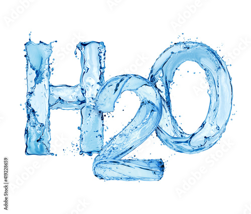 Chemical formula of water H2O made of water splashes, isolated on white background photo