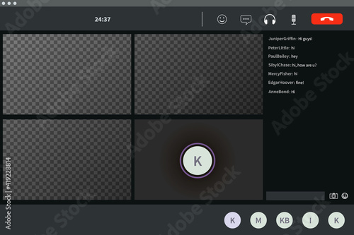 Screen template of video conference for four persons, modern software for virtual meetings, remote work or lections on transparent