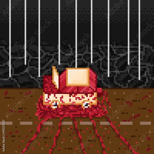 Horror car pixel art. Happy Halloween. Vector illustration. Car in hell. 