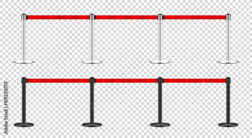 Realistic retractable belt stanchion on transparent background. Crowd control barrier posts with caution strap. Queue lines. Restriction border and danger tape. Vector illustration.