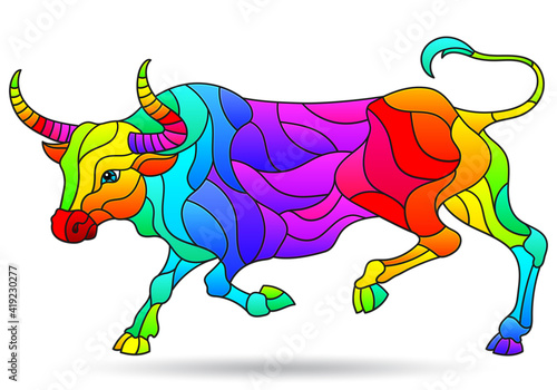 Illustration in stained glass style with a bright rainbow bull, the animal is isolated on a white background