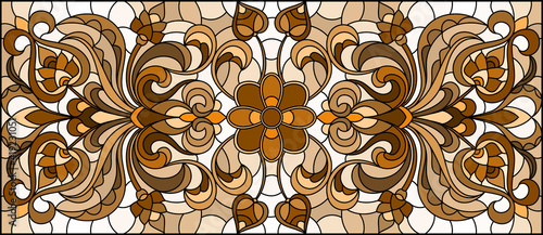 Illustration in stained glass style with abstract flowers, swirls and leaves  on a light background,horizontal orientation, sepia