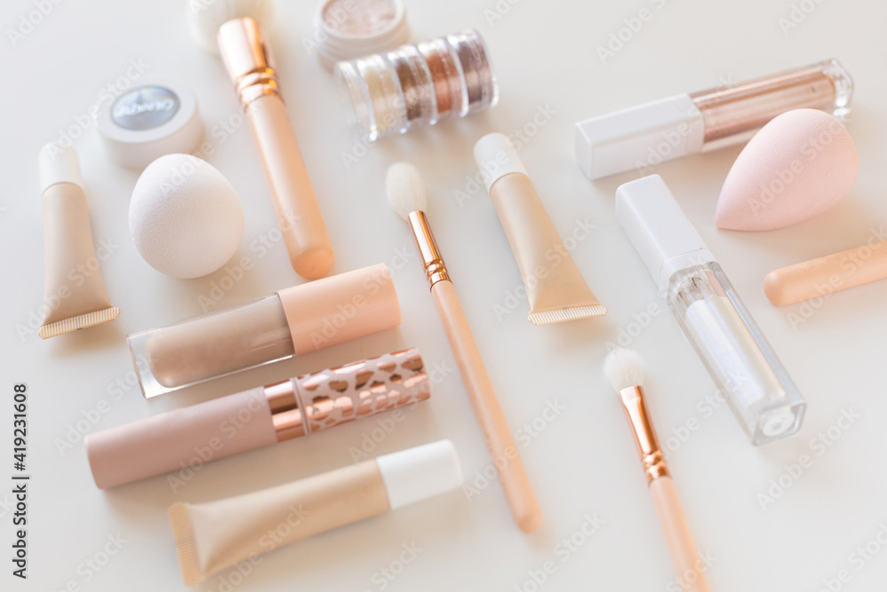 Decorative cosmetics in pink tones Decorative cosmetics in pink tones