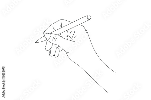 Hand holds a pen for writing. Vector stock illustration eps10. 