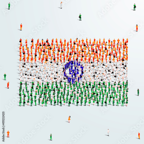 India Flag. A large group of people form to create the shape of the Indian flag. Vector Illustration.
