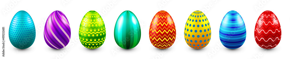 Colorful Easter eggs isolated on white background. Seasonal spring decoration element. Egg hunt game. Vector illustration. - obrazy, fototapety, plakaty 