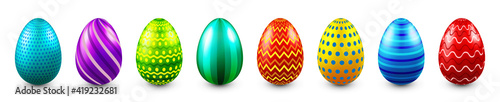 Colorful Easter eggs isolated on white background. Seasonal spring decoration element. Egg hunt game. Vector illustration.
