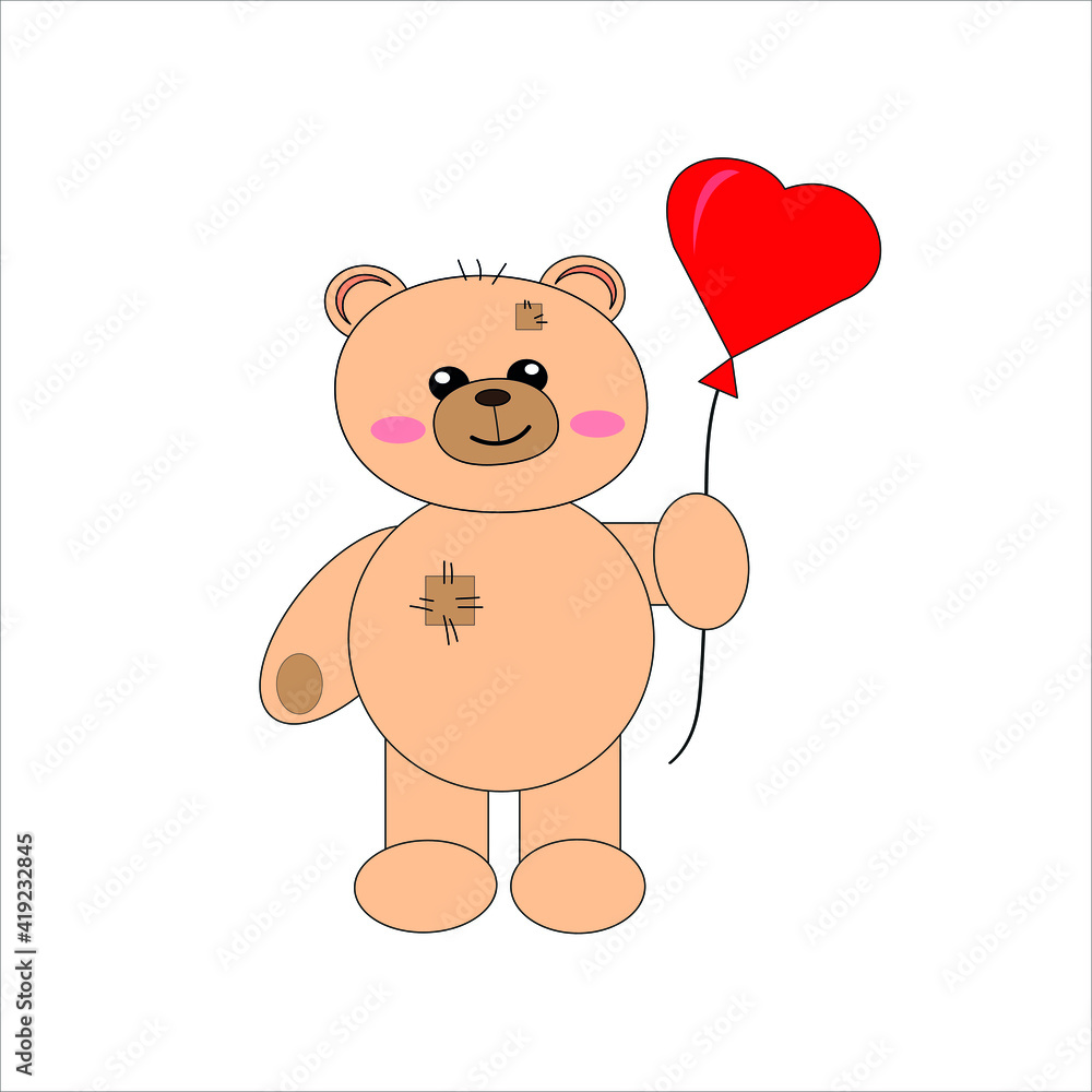Funny character Teddy holds a heart ball in his paws . Flat vector illustration isolated on a white background. Funny character Teddy holds a heart ball in his paws . Flat vector illustration isolated on a white background.