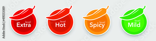 Spicy chili pepper level labels. Food symbol. mild and extra hot sauce.