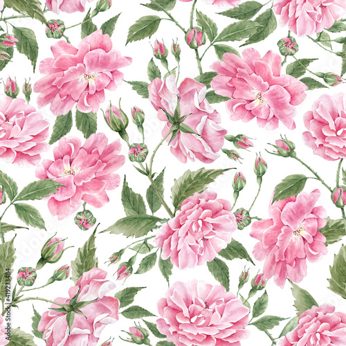 seamless background with delicate watercolor pink roses, hand painted pattern