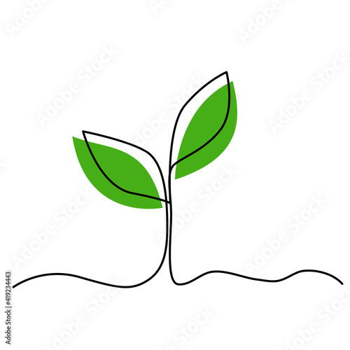 Single continuous line art growing plant leaves. Environmental protection concept, eco natural farm concept, Earth day, organic food, vegan products. Sketch outline drawing vector illustration
