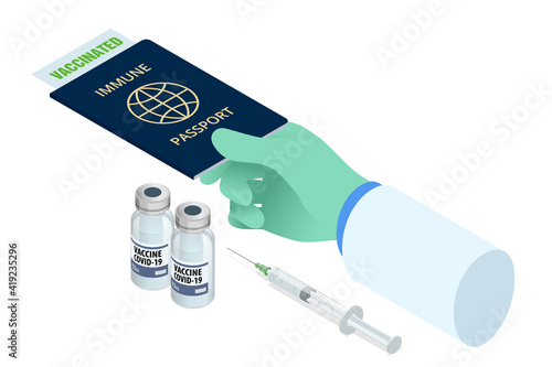 Isometric COVID-19 Immunity Passport, immunity certificate, vaccination certificate.