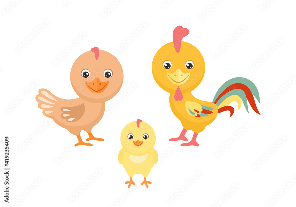 Cartoon funny chicken, rooster and little yellow chick isolated on white. Vector simple flat illustration. Farm poultry.