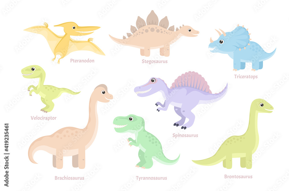 Set of cartoon funny dinosaurs isolated. Simple flat vector illustration of cute animals.Stegosaurus, Brachiosaurus, Pteranodon, Velociraptor, Tyrannosaurus, Triceratops, Brontosaurus, Spinosaurus. Set of cartoon funny dinosaurs isolated. Simple flat vector illustration of cute animals.Stegosaurus, Brachiosaurus, Pteranodon, Velociraptor, Tyrannosaurus, Triceratops, Brontosaurus, Spinosaurus.