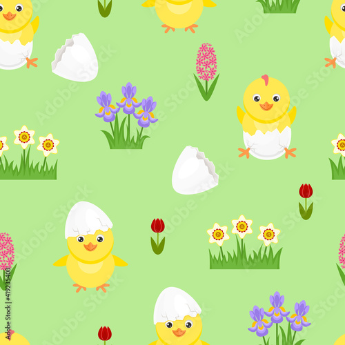 Seamless pattern with cute chicks hatched from an egg. Easter festive background. Vector cartoon cracked eggs, spring flowers and funny yellow chicks. Flat illustration.