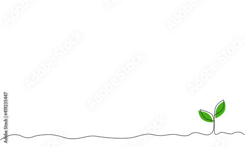 Single continuous line art growing plant leaves. Spring background, environmental protection concept, eco natural farm concept, Earth day, spring is coming. Sketch outline drawing vector illustration