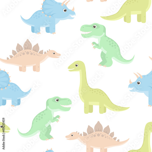 Cute funny dinosaurs seamless pattern. Children's background. Vector illustration of cartoon animals. Simple flat style. Tyrannosaurus, Stegosaurus, Triceratops and Brontosaurus.